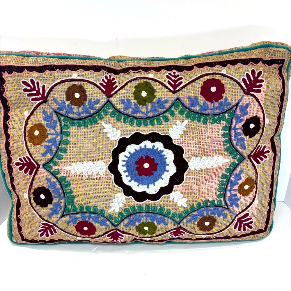 Karma Living Boho Colorful Floral Embroidered Throw Pillow 21x13” Made In India